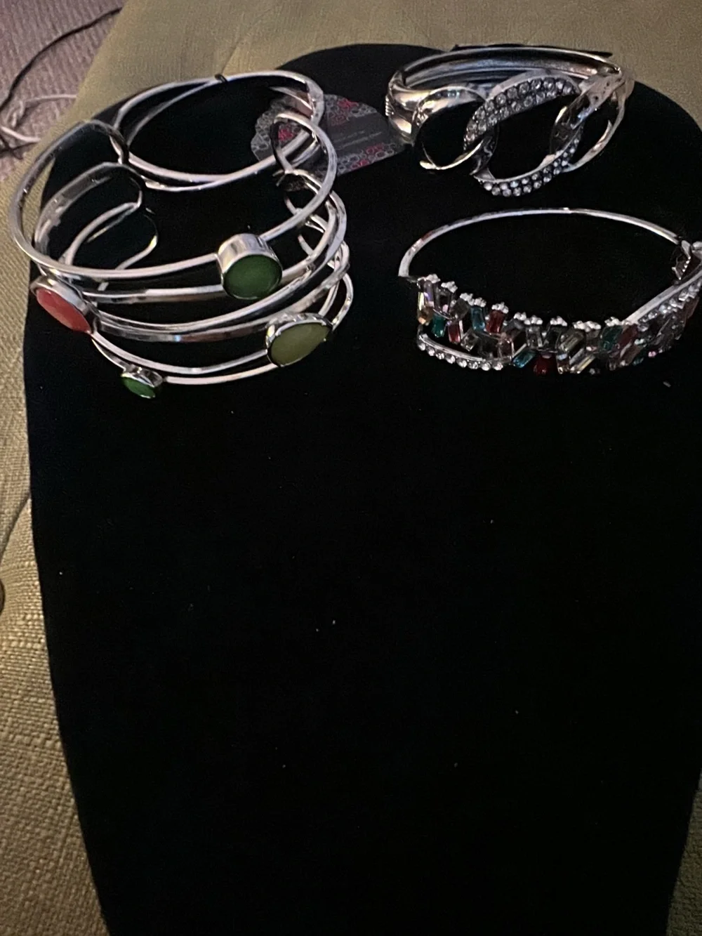 4 paparazzi Silver Cuff Bracelet Sets with Green and Red Accents
